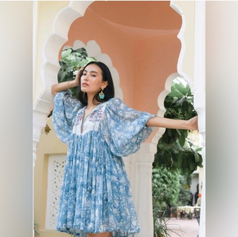 Daughters of India Jaya Mini Dress in Juniper Floral Blue Dress Size XL - Picture 7 of 16